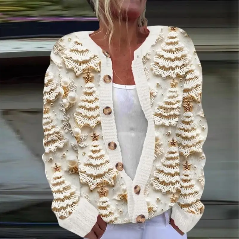652F Cable Knit Women's Christmas Pattern Print Button up Loose Fit Cardigan Long Sleeve Sweater Coat Warm Festive Attires