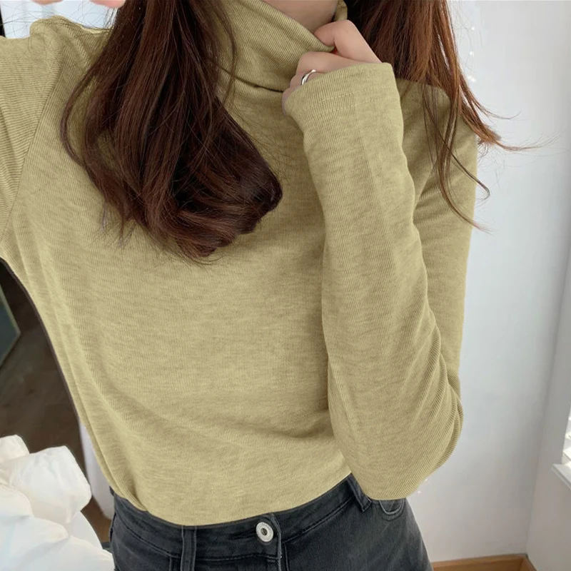 Autumn Winter Korean Solid Color Warm Half Turtleneck Long Sleeve Slim T-shirt For Women