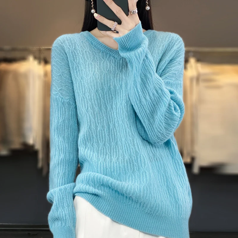 

100% pure wool women's V-neck pullover sweater knitted leisure worsted solid color slim fashion long sleeve top