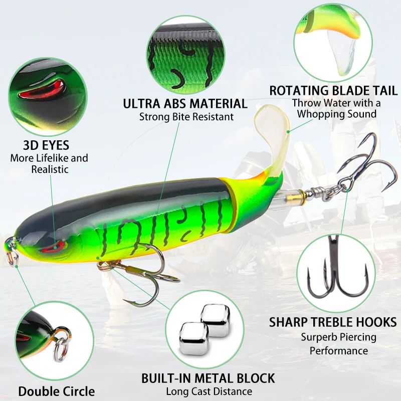 6Pcs Whopper Plopper Topwater Fishing Lures Lot coda rotante per Bass Pike Chub accessori per la pesca Hard Bait Simulation Bait