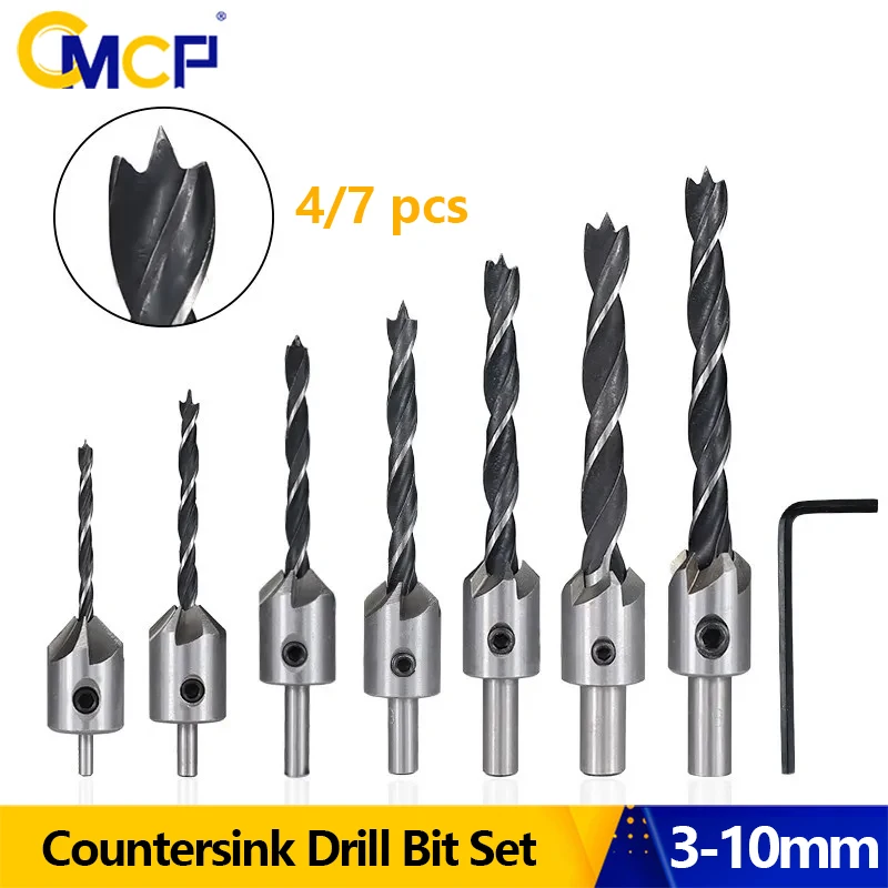 CMCP 4/7pcs Countersink Drill Bit Set 3-10mm TiCN-Coated Screw Drill Bit Set Twist Drill Bits Woodworking Drilling Tool