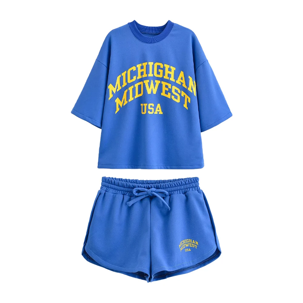 

Новая летняя женская модная повседневная стираная футболка с короткими рукавами и буквенным принтом, спортивные шорты