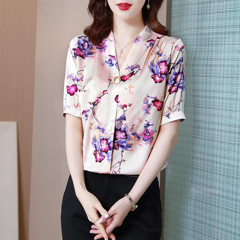 Summer Satin Women Shirt Print V-neck Vintage Blouse Women Fashion Silk Womens Tops and Blouses Casual Woman Elegant Top Shirts