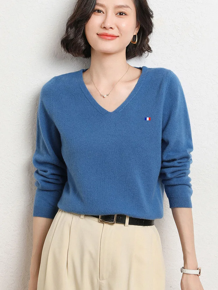 Autumn new cashmere sweater for women V-neck short pullover  sweater loose solid color long sleeve knitted Korean Knit Sweater