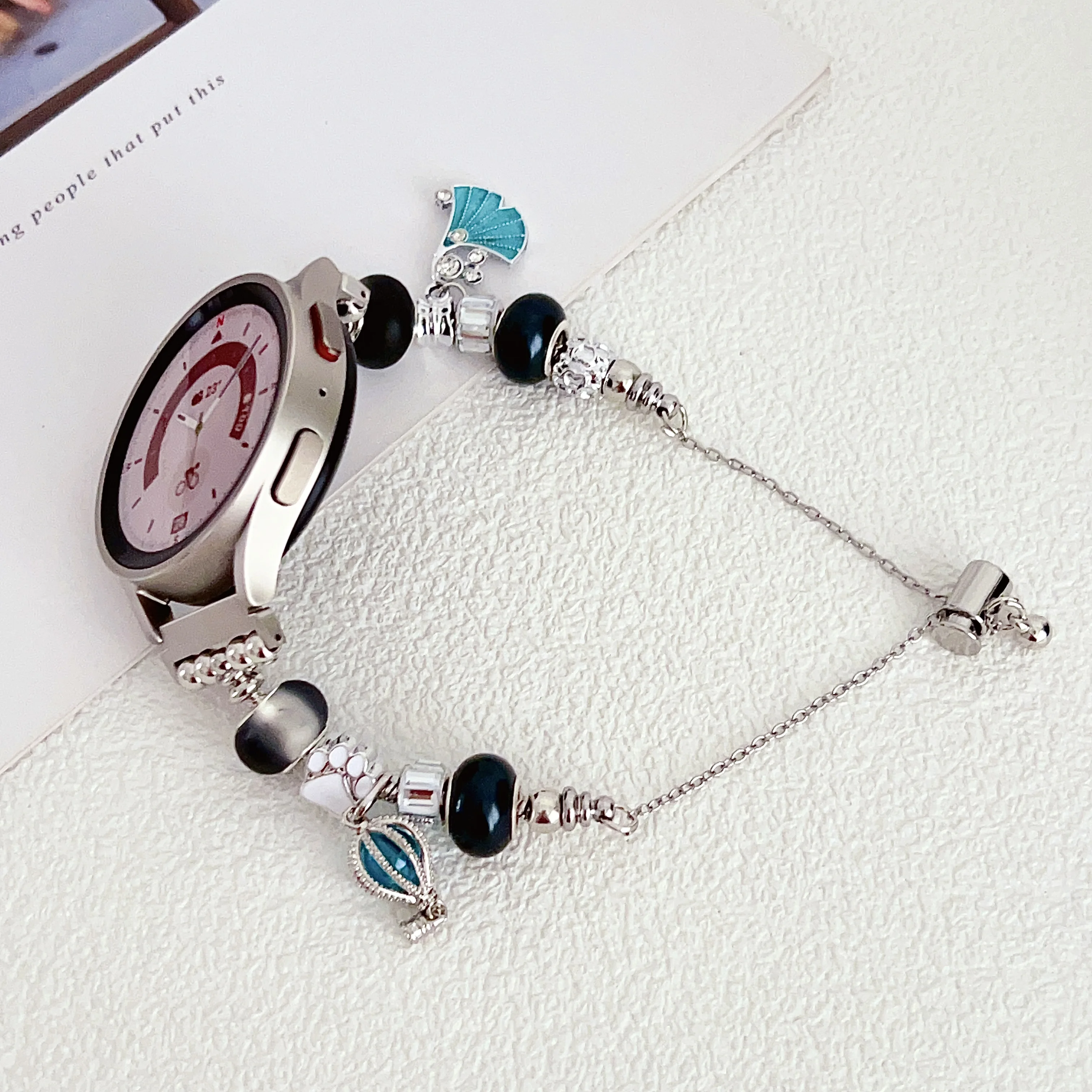 Correa de metal para reloj Samsung, pulsera con cuentas de Pandora, cadena para mujer de 20mm y 22mm, pulsera de concha de flor de amor estético