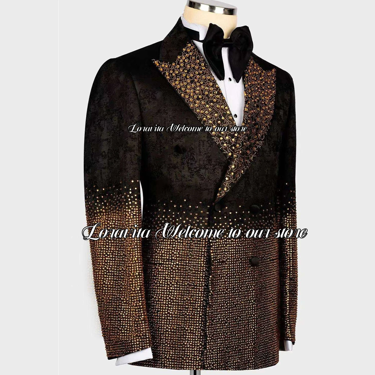 Fashion Jacquard Tuxedos Men Suits Luxury Sparkle Crystals Groom Wedding Party Prom Blazer 2 Pieces Birthdays Male Costume Homme