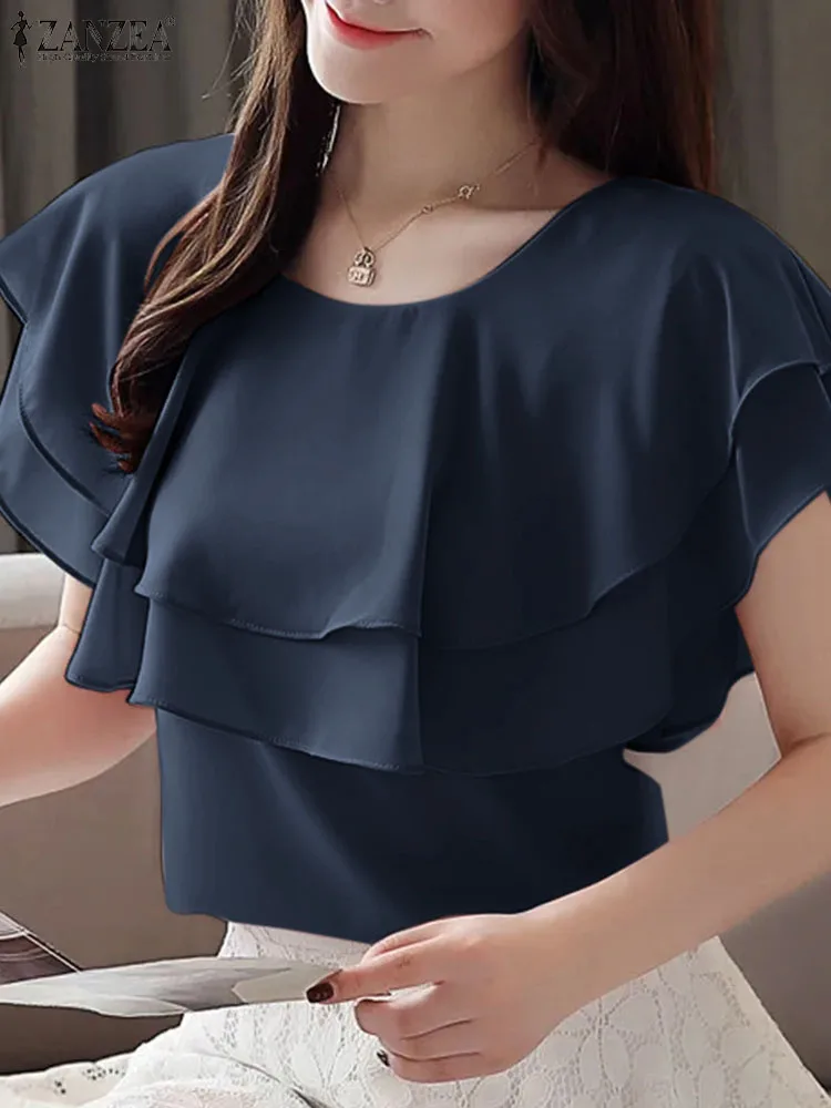 ZANZEA Women Shirts Vintage Round Neck Short Sleeve Blouses Fashion Double Ruffled Stitching Blusas Casual Pleated Solid Tops