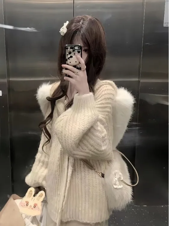 

Soft Cozy Beige Hooded Knitwear Women's Autumn Winter Loose Warm Open Cardigan Outerwear Polyester Fiber Long Sve