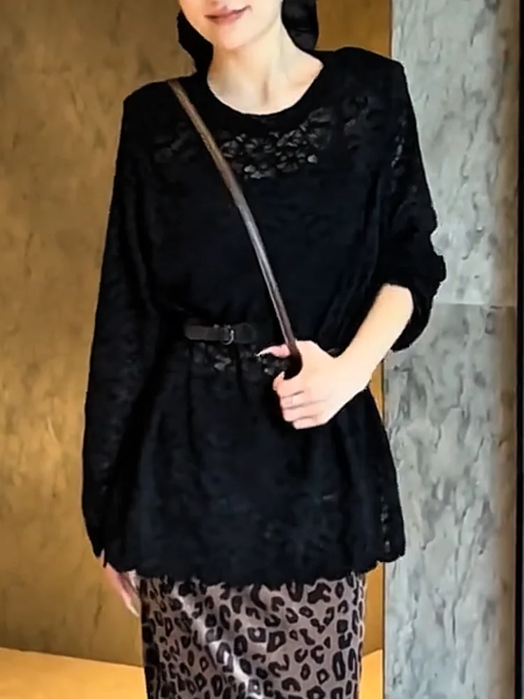 

Korean Sle Lace Hollow Knitted Sweater Women's plus Size Slimming Top Warmth Heating Long Sve round Ne Regular Fit