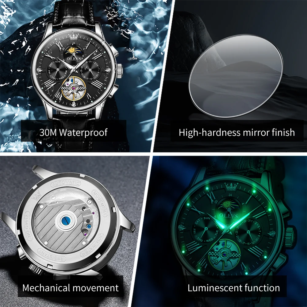 OLEVS 9912 Hollow Automatic Watch for Men Fashion Leather Strap Waterproof Moon Phase Skeleton Flywheel Mechanical Mens Watch es