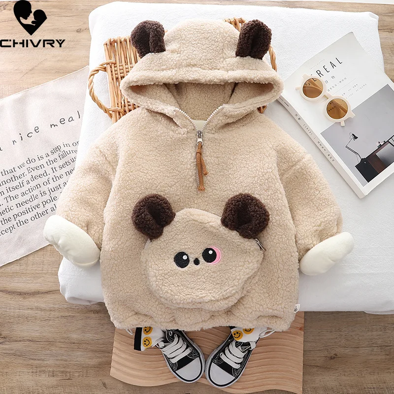

New 2023 Kids Winter Fashion Thicken Warm Fleece Coat Baby Boys Girls Cute Cartoon Bear Hooded Zipper Jacket Casual Outerwear