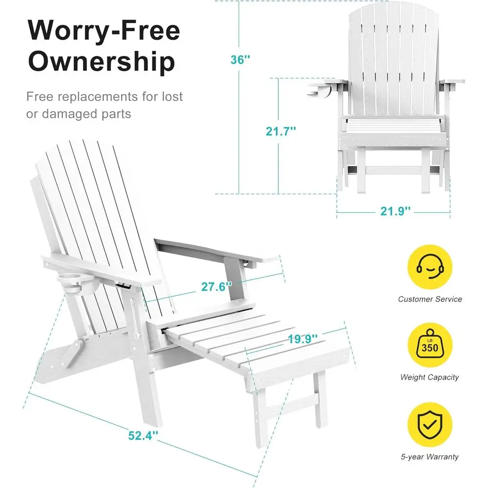 3-Position Adjustable Folding Adirondack Chair Set with Retractable Ottoman, Weather-Resistant Patio Furniture for 2, Including image 2