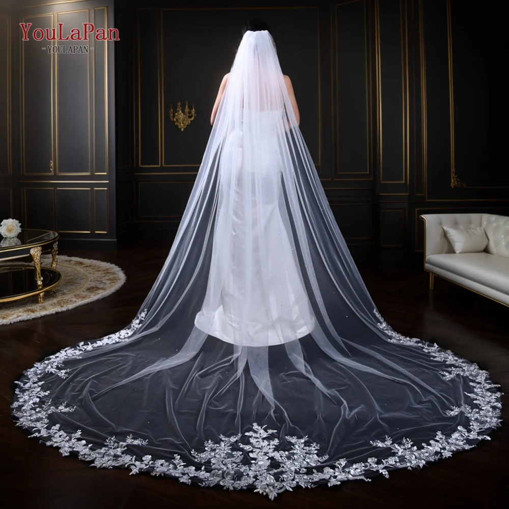 YouLaPan Lace Edge Luxury Bridal Veil With Rhinestone Cathedral Length Single Soft Tulle Velos De Novia Lujo 2024 V206