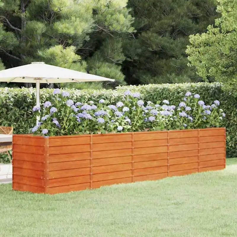 Jardinière surélevée en acier Corten pour jardin, balcon et terrasse – résistante aux intempéries et à la rouille, avec une base ouverte et des bords sécurisés.