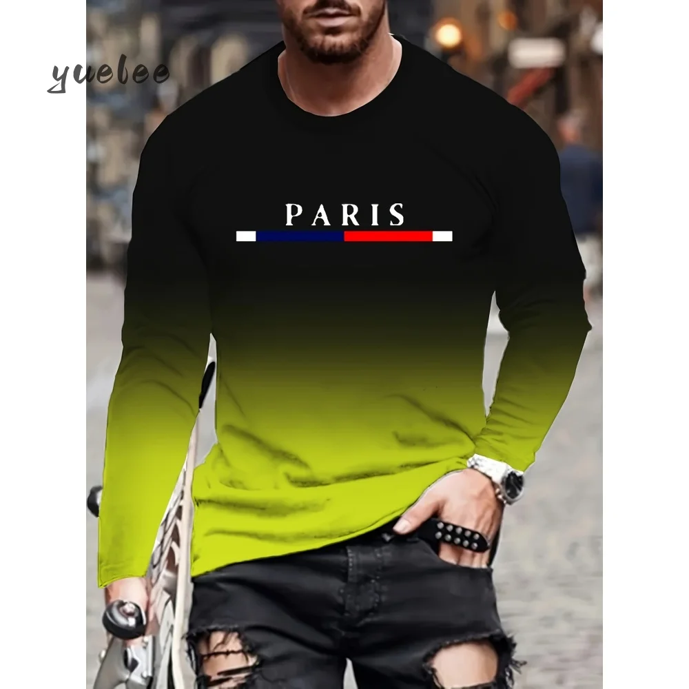 

Men's Long Sleeved Gradient Paris Graphic T-Shirt Casual Long Sleeved O-Neck T-Shirt Men Outdoor Clothing Spring Autumn Styles