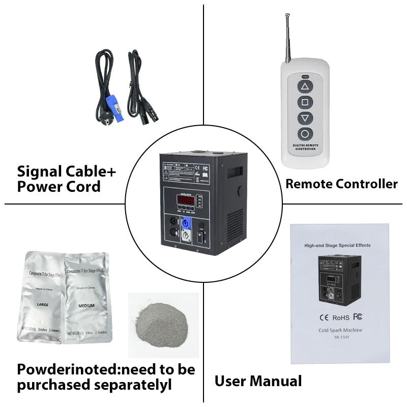 معدات تأثير مسرح الزفاف ، آلة شرارة باردة رقمية W ، جهاز تحكم عن بعد DMX ، آلة نافورات الألعاب النارية ، حفلة الرش العلوي ، مسحوق Ti