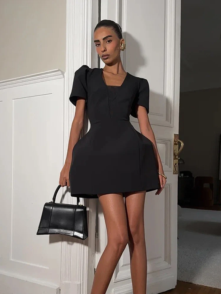 

Elegant Black Mini Bubble Dress Women Fashion Square Neck Short Puffed Sleeve High Waist Slim Dresses Lady Daily Street Vestidos