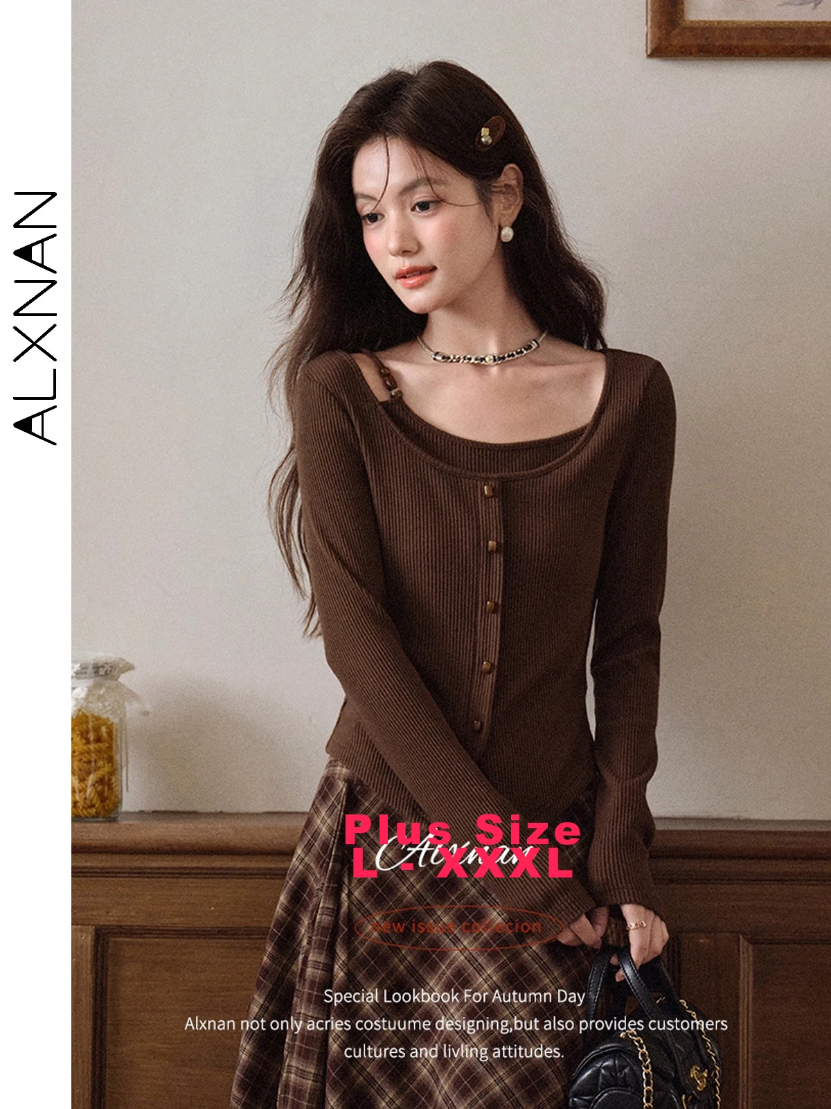 

ALXNAN Plus Size Knitted Sweater Women 2025 Fall Brown Fake Two-piece Chic Beaded Sweaters Slim-fit Long Sleeve Pullovers D12728