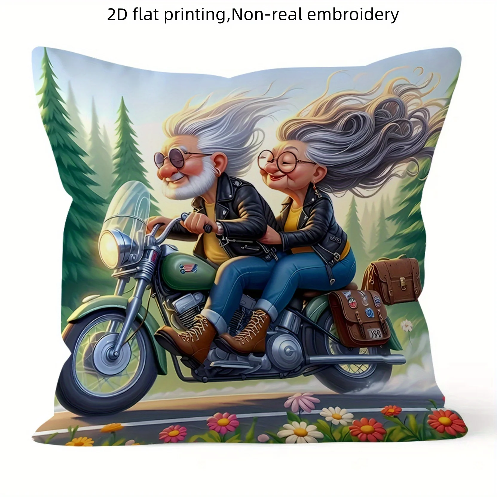 1pc 2D Flat Pillow Not Included Elderly Couple Motorcycle Adventure Cushion Cover Short Plush Funny Senior Decor Gift Case