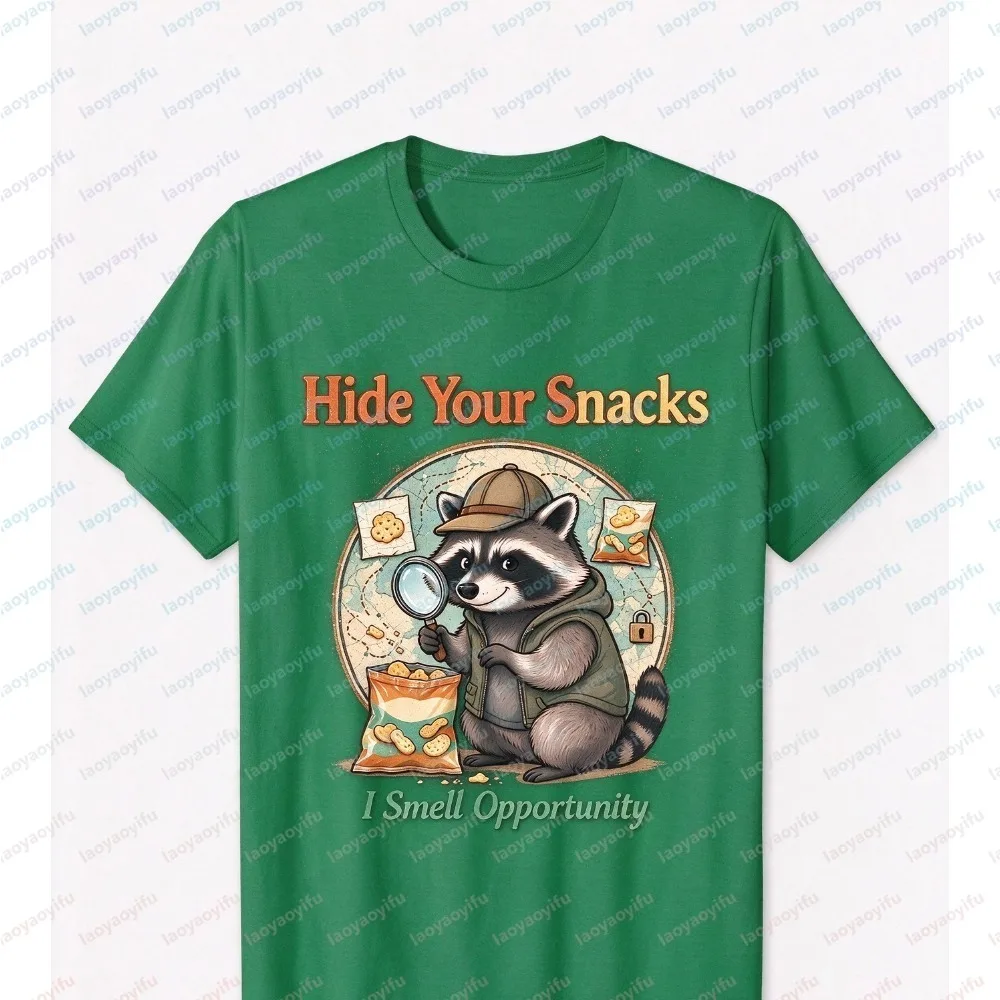Hide Your Snacks I Smell Opportunity Unisex T-Shirt Summer Short Sleeve Fashion Detective Raccoon Graphic Tee Round-neck Tops