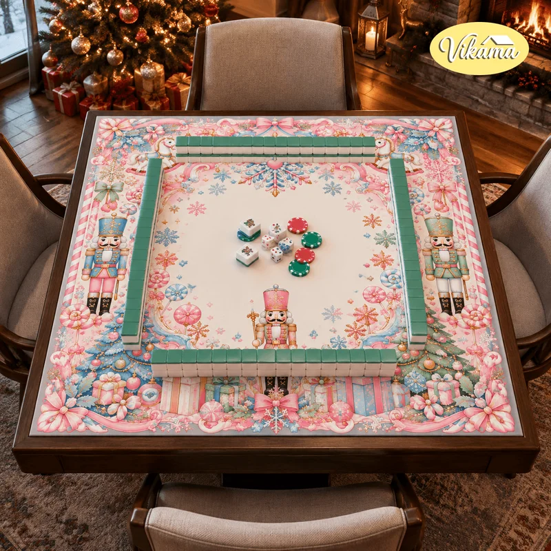 VIKAMA Christmas Carousel Nutcracker Mahjong Mat Non Slip Foldable Table Cover for Living Room Family Game Night Holiday Gift