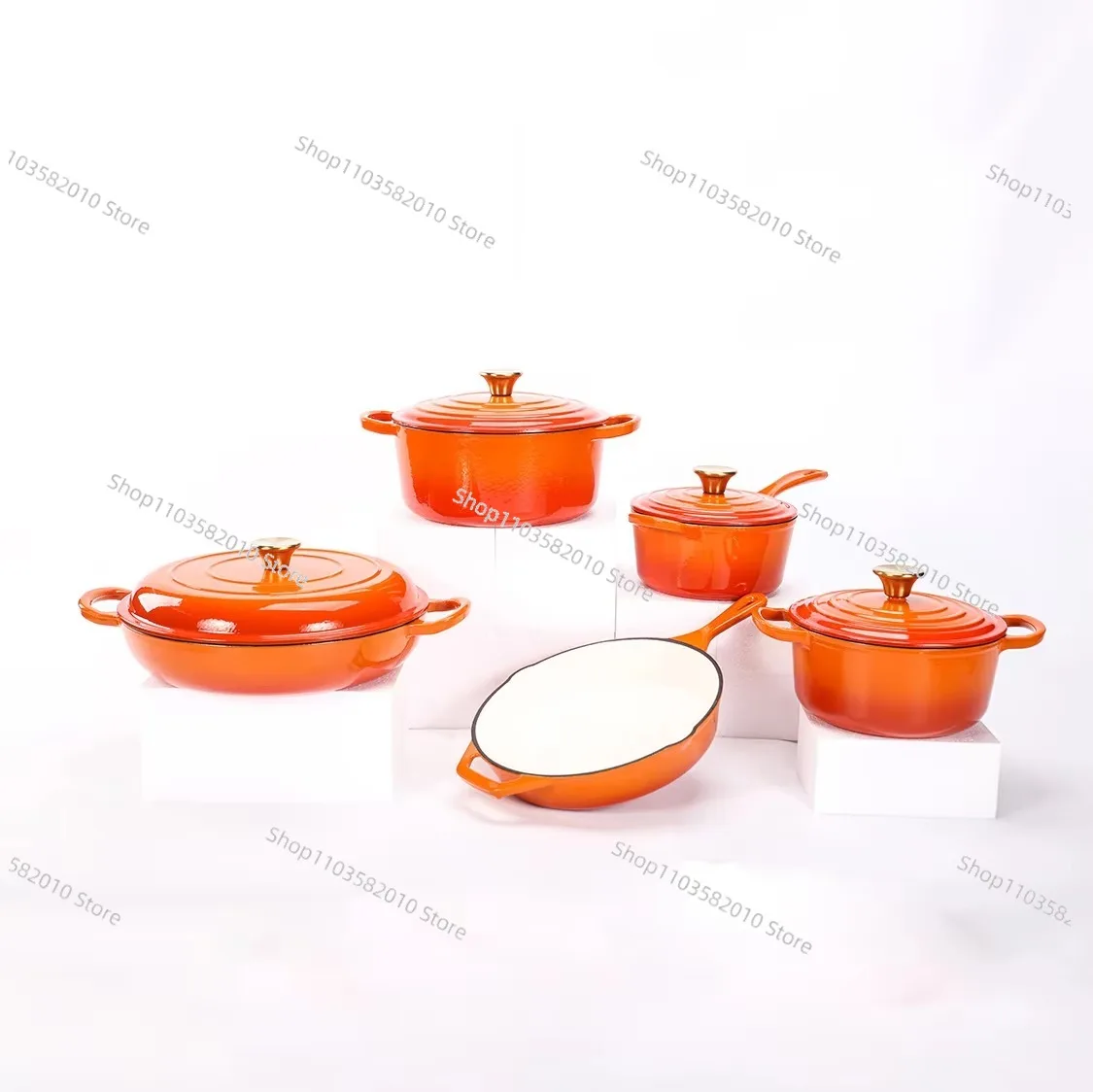 Juego de ollas de hierro fundido esmaltado Interior personalizado, utensilios de cocina de 9 piezas, horno holandés, juegos de regalo