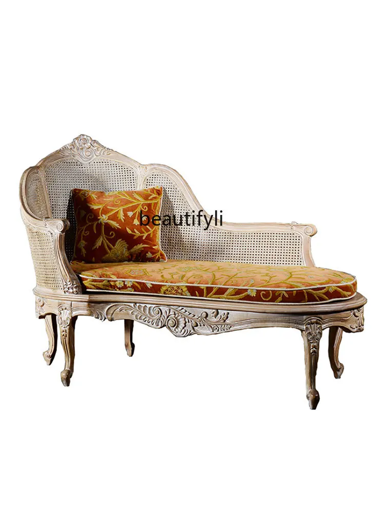 

Modern American Style Solid Wood Chaise Longue Vintage Engraving Rattan Sofa Recliner French Living Room Balcony Leisure Lazy