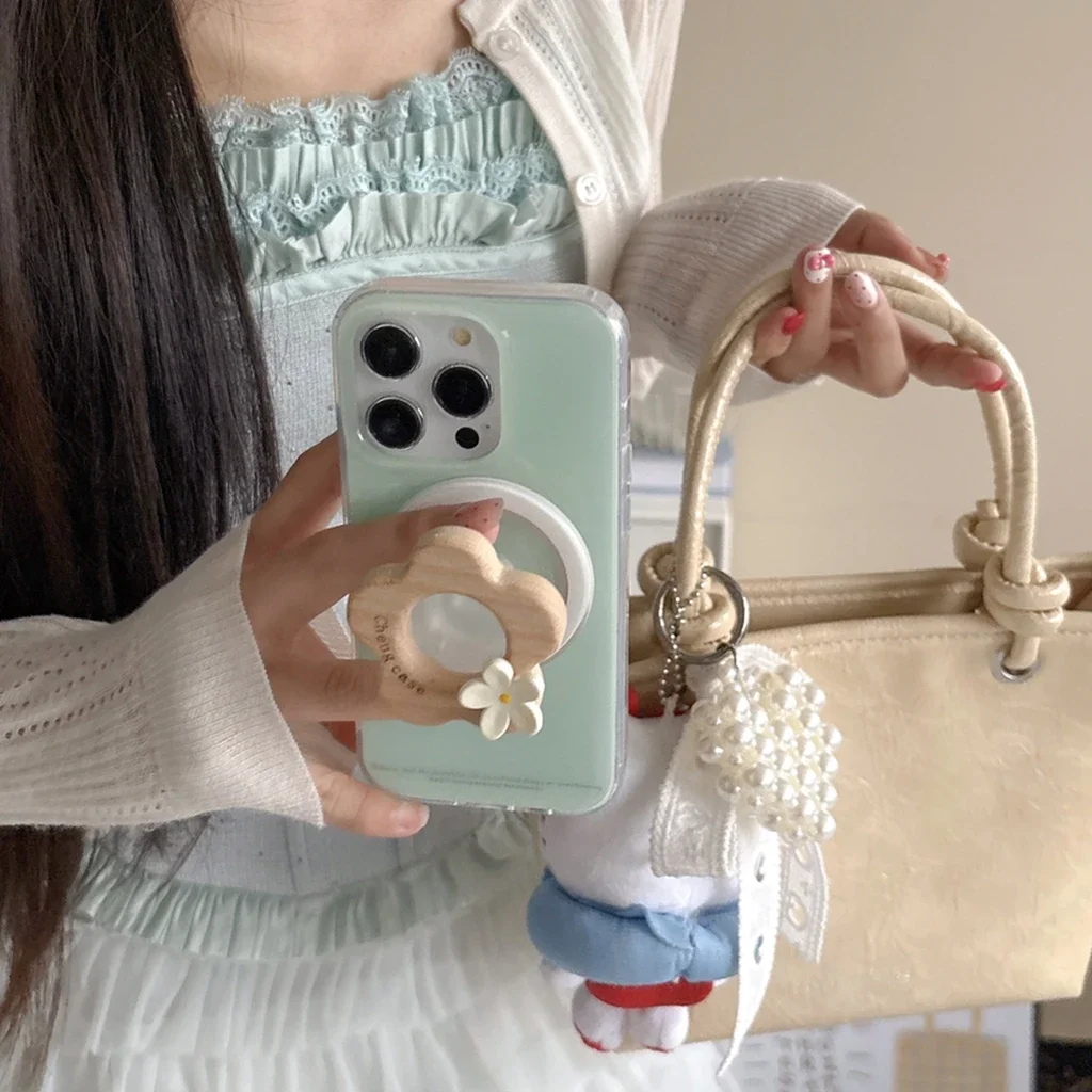 

Корейский стиль, простые зеленые деревянные цветы с держателем, магнитный чехол для телефона с беспроводной зарядкой для iPhone 16, 15, 14, 13 Pro Max