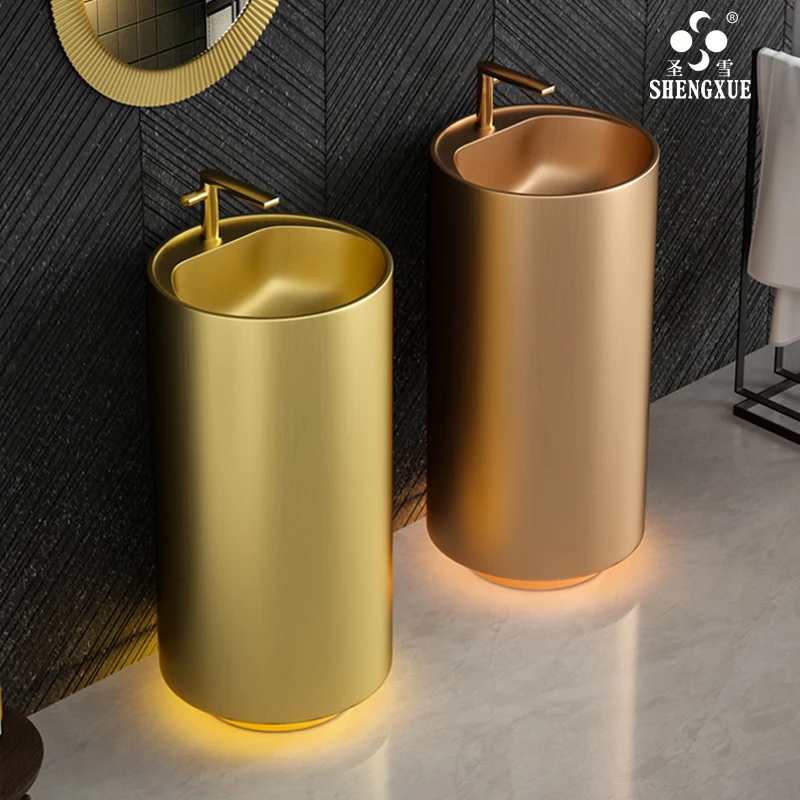 

Golden stainless steel column basin integrated floor-standing hotel B&B courtyard bathroom washbasin KTV washbasin