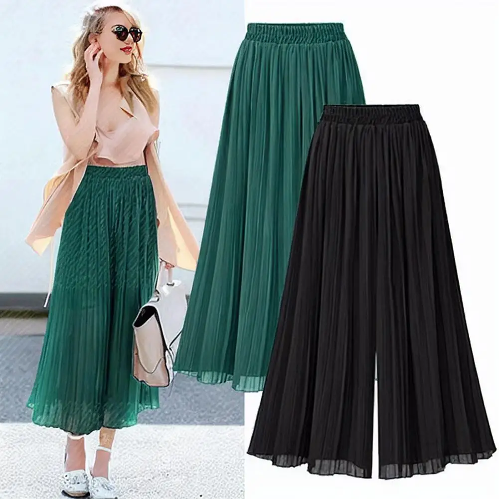 

Versatile Women Trousers Stylish Wide Leg Pants for Women Elastic High Waist Trousers Pleated Solid Color Pantskirt