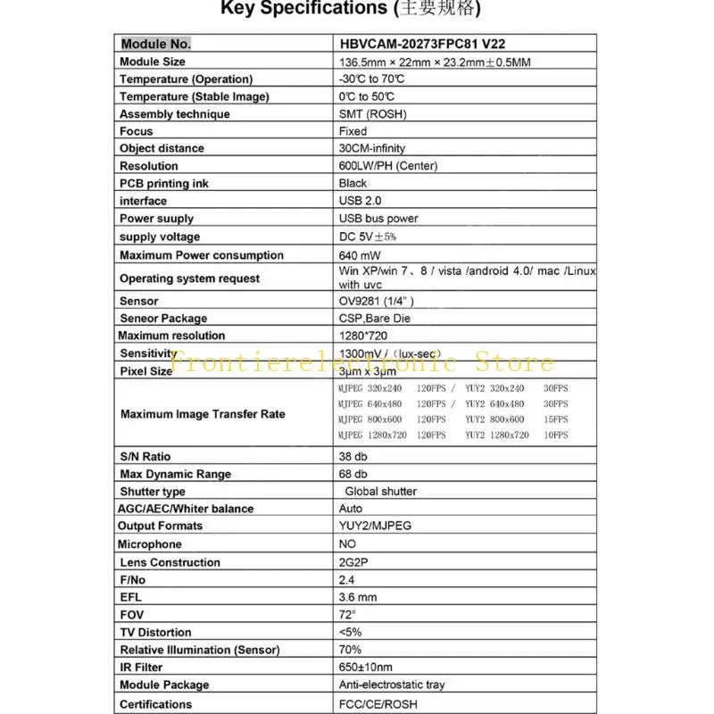 G8DB Versatile 1MP Camera Module for Quick Code Recognition Stable Performances OV9281(1/4'') Chip Wide Applications