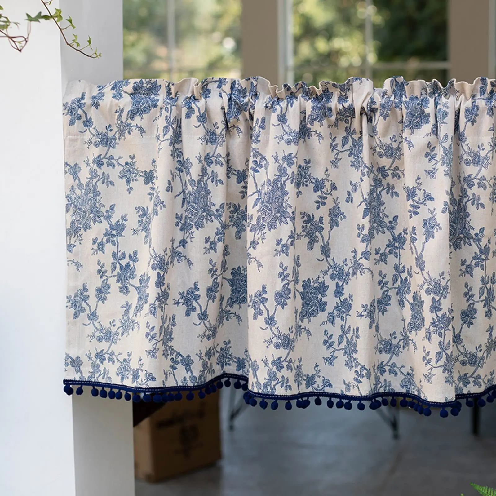 Short Curtain for Small Window Cotton Linen Blue Flowers Textured Botanical with Pompoms Window Treatment Valance Panel