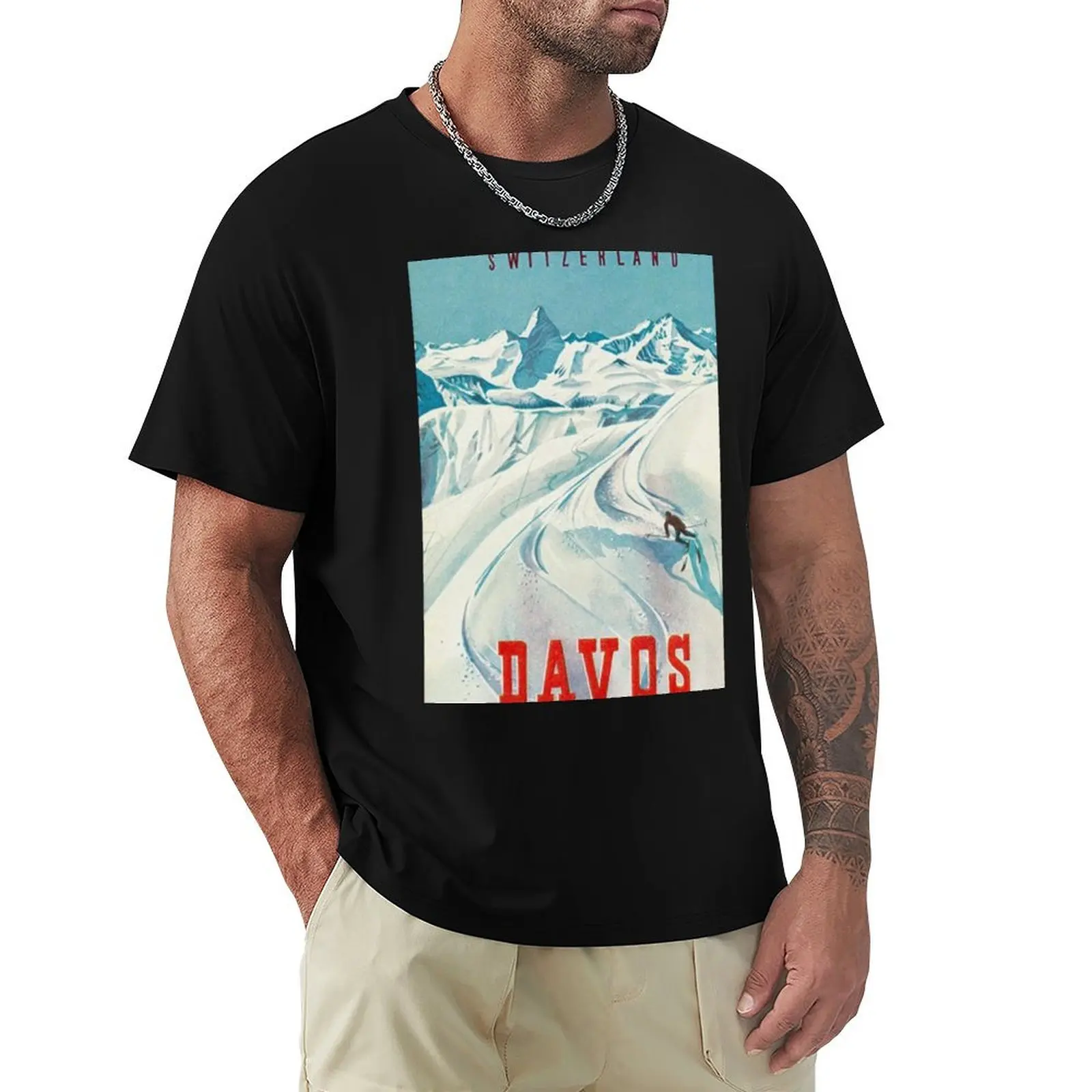 Davos Switzerland Vintage Travel Poster | Swiss Tourism Poster - T-Shirt Large Size Soft Cotton T-Shirt