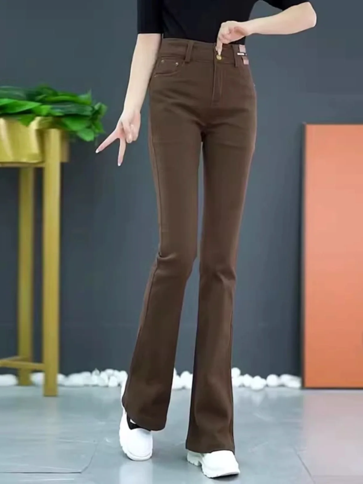 High Waist Bell Bottom Jeans Women's Spring Autumn New Style Coffee Color Fashion Slimming  Hoof Jeans Abdomen Shaping