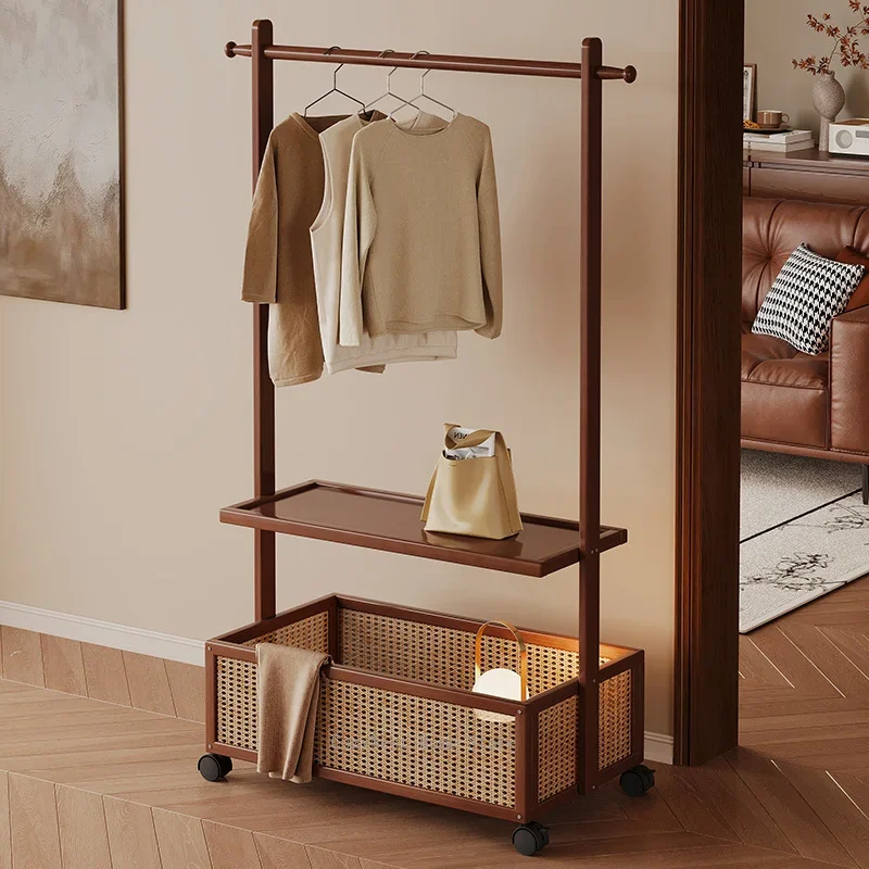 Mobile Solid Wood Clothes Rack, Floor Standing Storage Stand for Bedroom, Multi-Purpose Organizer