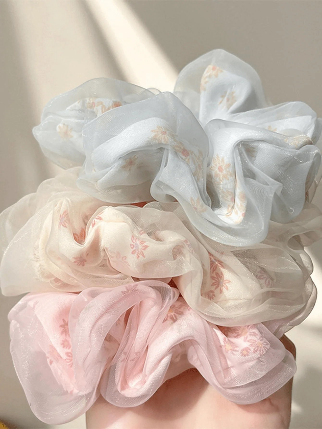 Summer Double Layer Silk Hair Scrunchies Girls Flower Print Sweet Ponytail Holder Elastic Hair Rope Korean Hair Accessories