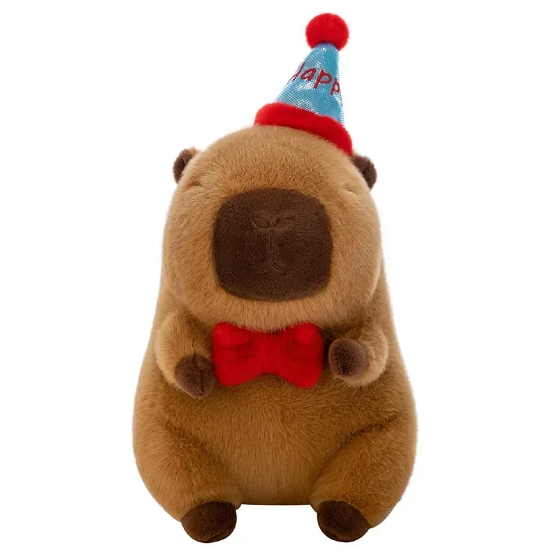 Novo 30-50cm bonito capivara pelúcia com chapéu feliz arco vermelho kawaii marrom capivara pelúcia aniamls brinquedos presentes de aniversário crianças