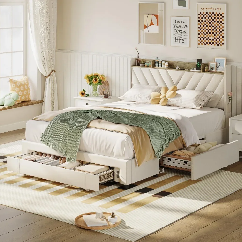 Bed Frame with Headboard, Upholstered Platform Bedframe with 3 Underbed Storage Drawers, Beige