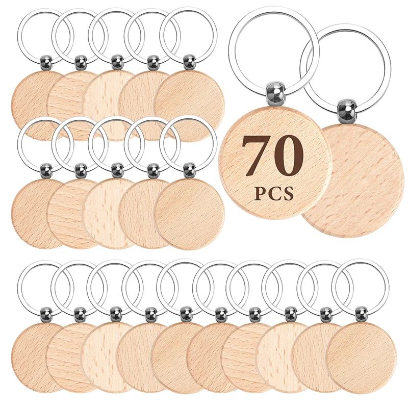 70Pcs Round Blank Shaped Wooden Keychain DIY Wood Keychains Wood Blanks Key Chain Unfinished Wooden Key Ring