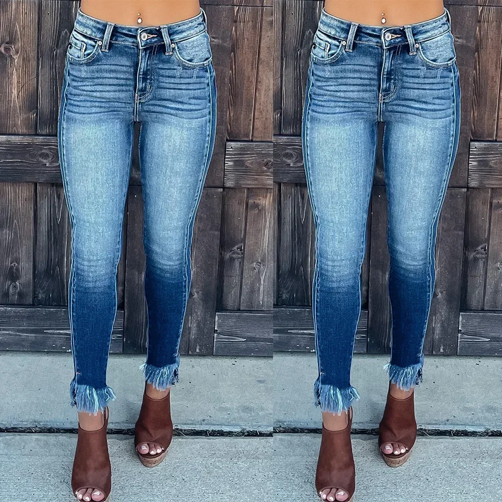 

Women Jeans Denim Pencil Pants Tassel Washing Holes Pants Solid Zipper Fly Pockets Slight Strech Slim Fit Basics Spring 2024