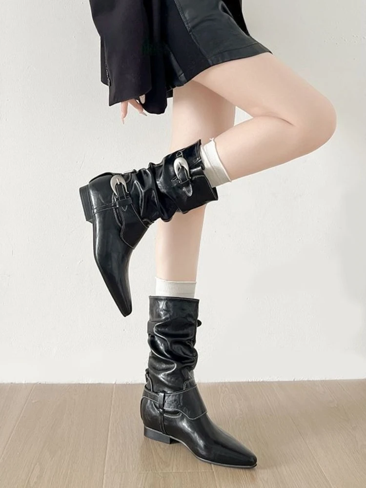 Women Western Style Short Boots Chunky Block Heel 5cm Internal Lift Belt Strap Stack Bootie Trendy Slimming Footwear 2026