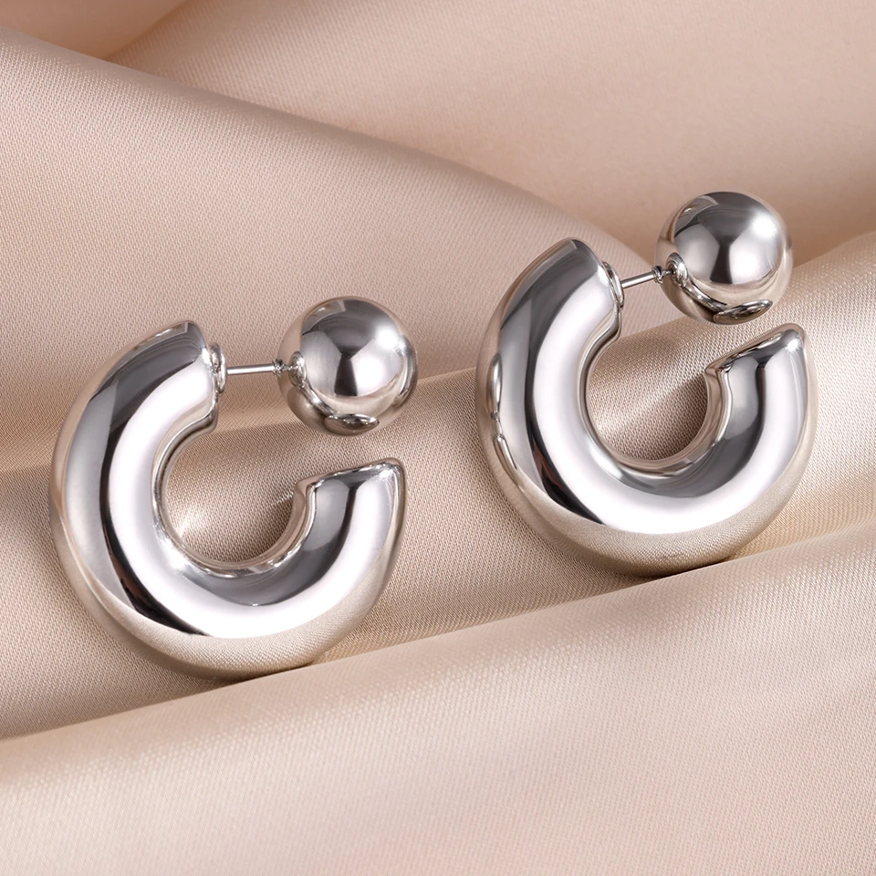 Yupsk Stainless Steel PVD 18K Gold Plated Smooth Chunky Thick CC Hoop Earrings Texture Attractive Women Accessories Gift
