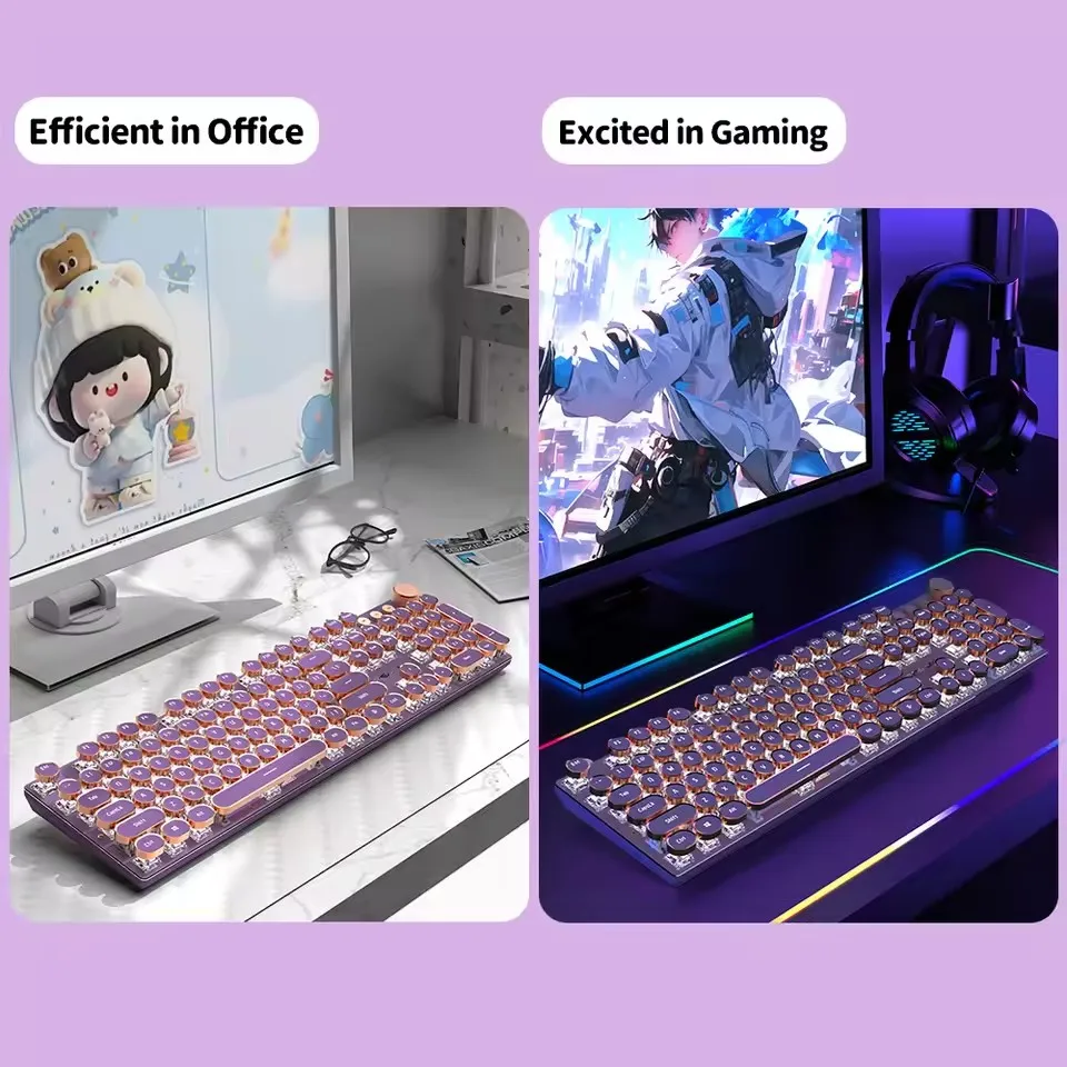 EWEADN V20 لوحة المفاتيح الميكانيكية الرجعية فاسق الآلة الكاتبة اللاسلكية ثلاثي نموذج 104 مفاتيح أغطية المفاتيح المستديرة الأبيض الخلفية مكتب الكمبيوتر كتم