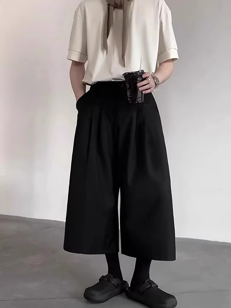 Mauroicardi Summer Autumn Baggy Casual Soft Flowy Black Wide Leg Shorts for Men Loose Calf-Length Pants Korean Fashion Clothes