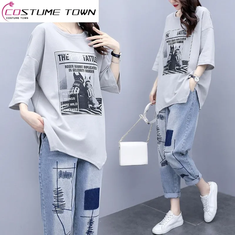 

One Piece/Set 2023 Summer New Korean Edition T-shirt Large Women's Loose Casual Jeans Fashionable Two Piece Set