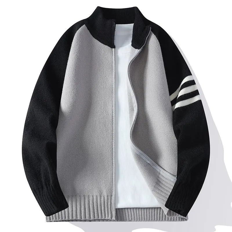 

Весенний вязаный свитер-кардиган мужской класса люкс, легкий, с воротником-стойкой, на раннюю осень, верхняя одежда, трикотажный топ