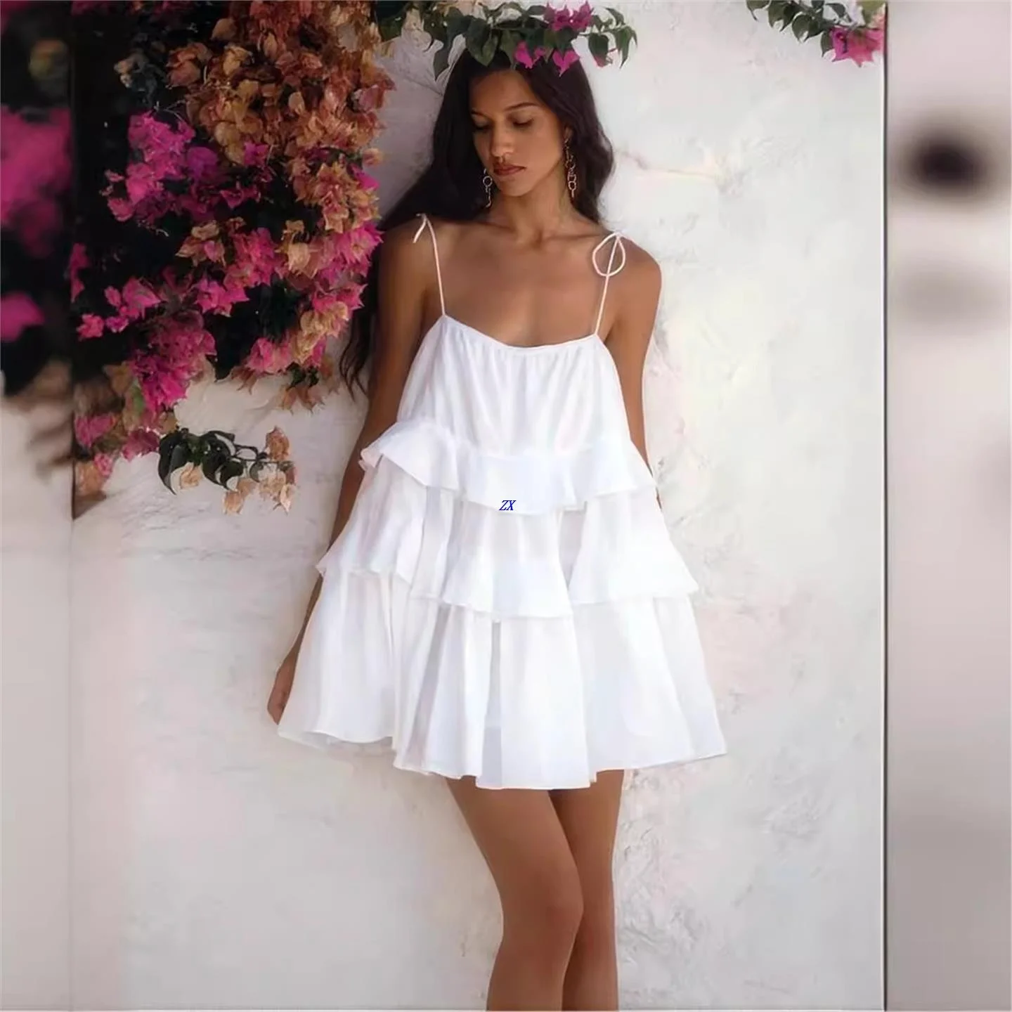 Vestido de Dama de Honra Curto de Verão, Sem Costas, com Camadas de Babados, Estilo Princesa, Cintura Alta, Saia em Camadas, ...