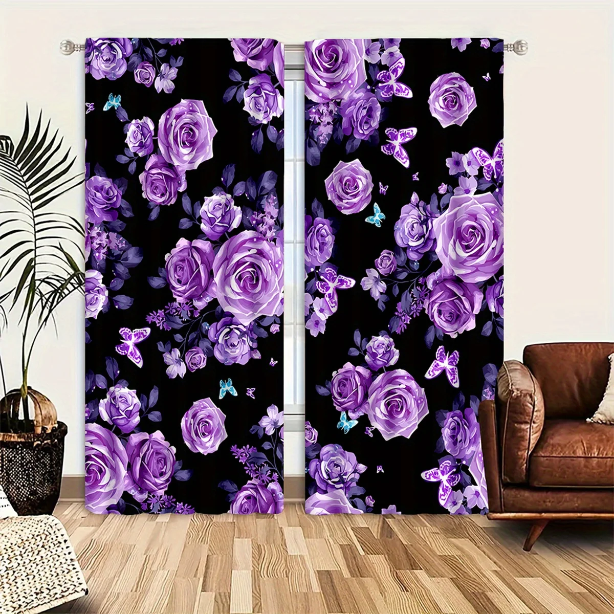 Black Background Purple Rose Butterfly Blackout Rod Pocket Curtain Watercolor Floral Decor Romantic Homestay Bedroom Rest Bay