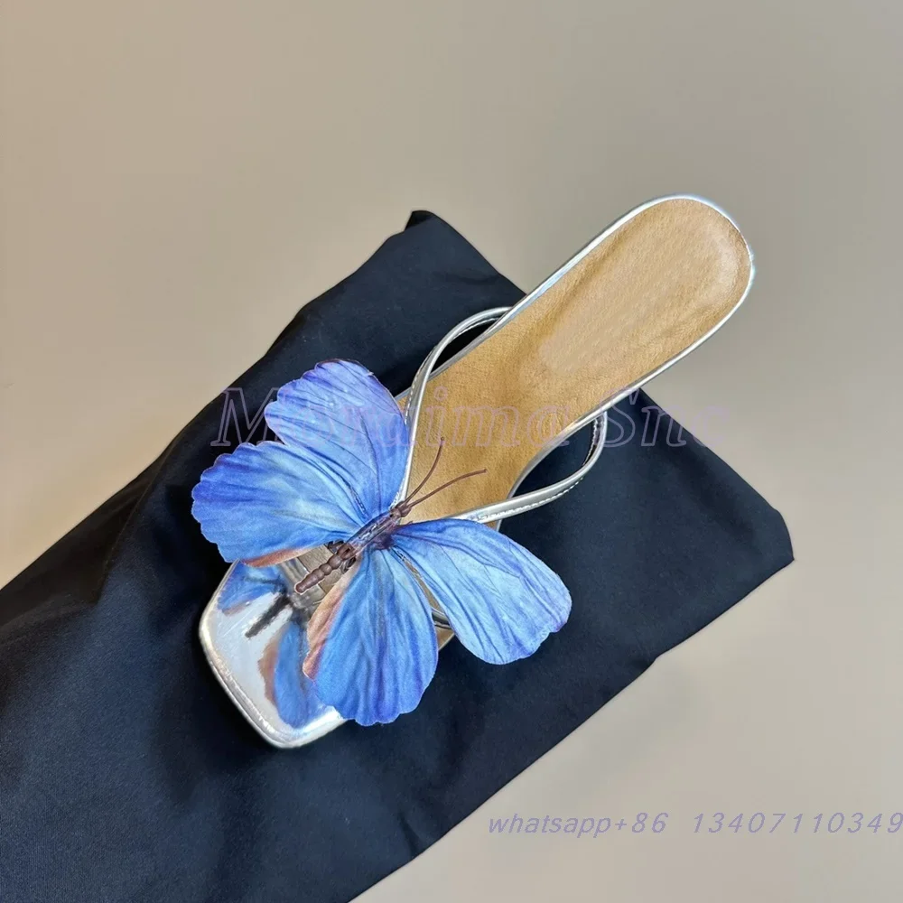 

Тапочки с квадратным носком и бабочкой, цветочным декором, шпильки, средний каблук, узкая полоса, синие, разноцветные, сексуальные модные женские летние шлепанцы