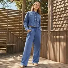 

PB&ZA Women's Long - sleeved Collared Button - down Cropped Denim Jacket and Drawstring - waist Denim Pants Set for Summer